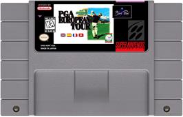 Cartridge artwork for Pga European Tour on the Nintendo SNES.