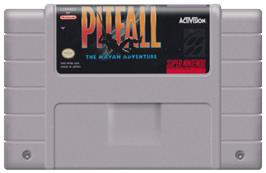 Cartridge artwork for Pitfall: The Mayan Adventure on the Nintendo SNES.
