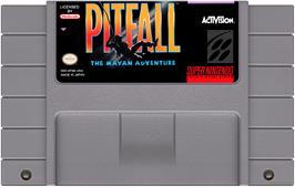 Cartridge artwork for Pitfall - The Mayan Adventure on the Nintendo SNES.