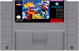 Cartridge artwork for Plok on the Nintendo SNES.