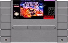 Cartridge artwork for Populous on the Nintendo SNES.