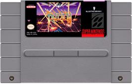 Cartridge artwork for Raiden Trad on the Nintendo SNES.