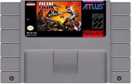 Cartridge artwork for Run Saber on the Nintendo SNES.