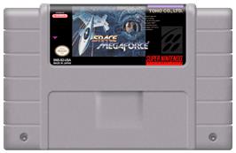 Cartridge artwork for Space Megaforce on the Nintendo SNES.