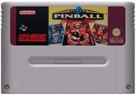 Cartridge artwork for Super Pinball: Behind the Mask on the Nintendo SNES.