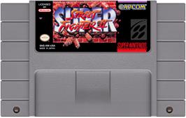 Cartridge artwork for Super Street Fighter 2 on the Nintendo SNES.