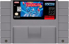 Cartridge artwork for Super Turrican 2 on the Nintendo SNES.