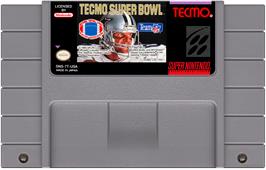 Cartridge artwork for Tecmo Super Bowl on the Nintendo SNES.