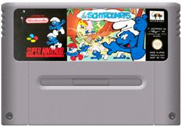 Cartridge artwork for The Smurfs on the Nintendo SNES.