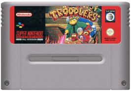 Cartridge artwork for Troddlers on the Nintendo SNES.