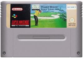 Cartridge artwork for True Golf Classics: Pebble Beach Golf Links on the Nintendo SNES.