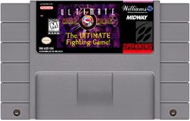 Cartridge artwork for Ultimate Mortal Kombat 3 on the Nintendo SNES.