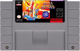 Cartridge artwork for World Heroes on the Nintendo SNES.