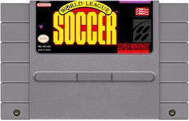 Cartridge artwork for World League Soccer on the Nintendo SNES.