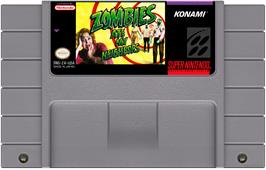Cartridge artwork for Zombies Ate My Neighbors on the Nintendo SNES.