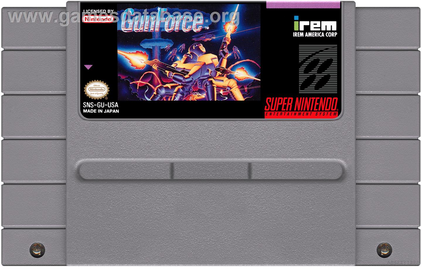 Gunforce - Battle Fire Engulfed Terror Island - Nintendo SNES - Artwork - Cartridge