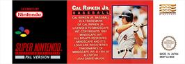 Top of cartridge artwork for Cal Ripken Jr. Baseball on the Nintendo SNES.
