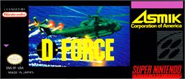 Top of cartridge artwork for D-Force on the Nintendo SNES.