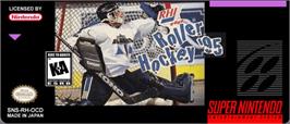 Top of cartridge artwork for Rhi Roller Hockey '95 on the Nintendo SNES.