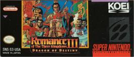 Top of cartridge artwork for Romance Of The Three Kingdoms 3 - Dragon Of Destiny on the Nintendo SNES.