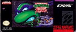 Top of cartridge artwork for Teenage Mutant Ninja Turtles: Tournament Fighters on the Nintendo SNES.