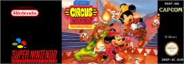 Top of cartridge artwork for The Great Circus Mystery starring Mickey and Minnie Mouse on the Nintendo SNES.