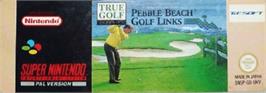 Top of cartridge artwork for True Golf Classics: Pebble Beach Golf Links on the Nintendo SNES.