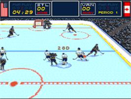 In game image of Brett Hull Hockey 95 on the Nintendo SNES.