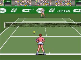 In game image of Date Kimiko No Virtual Tennis on the Nintendo SNES.