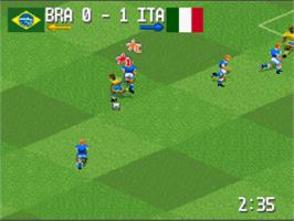 In game image of Fever Pitch Soccer on the Nintendo SNES.