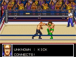 In game image of Funaki Masakatsu Hybrid Wrestler - Tougi Denshou on the Nintendo SNES.