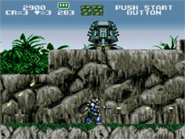 In game image of Gunforce - Battle Fire Engulfed Terror Island on the Nintendo SNES.