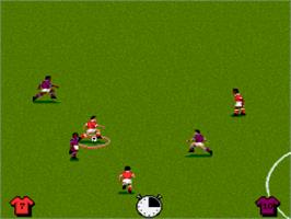 In game image of Kick Off 3: European Challenge on the Nintendo SNES.
