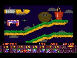 In game image of Lemmings 2 - The Tribes on the Nintendo SNES.