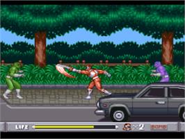 In game image of Mighty Morphin Power Rangers on the Nintendo SNES.