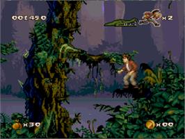 In game image of Pitfall: The Mayan Adventure on the Nintendo SNES.