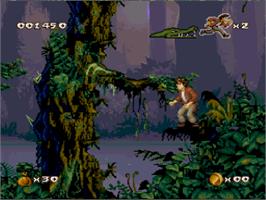 In game image of Pitfall - The Mayan Adventure on the Nintendo SNES.