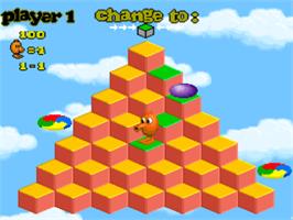 In game image of Q*Bert 3 on the Nintendo SNES.