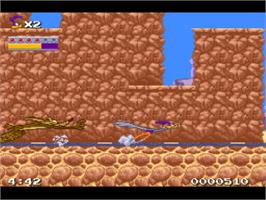 In game image of Road Runner's Death Valley Rally on the Nintendo SNES.