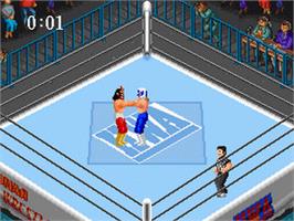 In game image of Super Fire Pro Wrestling on the Nintendo SNES.