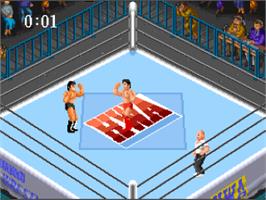 In game image of Super Fire Pro Wrestling 2 on the Nintendo SNES.
