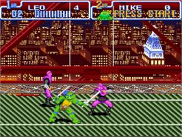 In game image of Teenage Mutant Ninja Turtles IV: Turtles in Time on the Nintendo SNES.