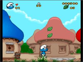 In game image of The Smurfs on the Nintendo SNES.