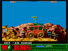 In game image of Worms on the Nintendo SNES.