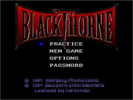 Title screen of Blackhawk on the Nintendo SNES.