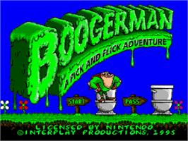 Title screen of Boogerman: A Pick and Flick Adventure on the Nintendo SNES.