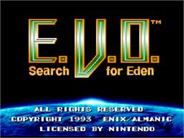 Title screen of E.v.o. - Search For Eden on the Nintendo SNES.