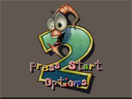 Title screen of Earthworm Jim 2 on the Nintendo SNES.