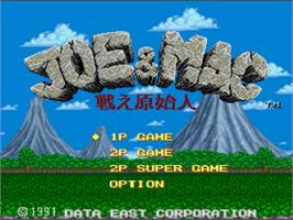 Title screen of Joe And Mac - Caveman Ninja on the Nintendo SNES.
