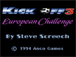 Title screen of Kick Off 3: European Challenge on the Nintendo SNES.
